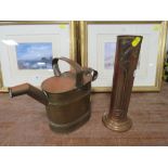 AN ART NOUVEAU COPPER SLEEVE VASE' TOGETHER WITH A COPPER WATERING CAN (2)