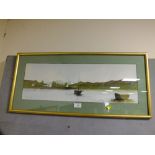 A VINTAGE FRAMED AND GLAZED WATERCOLOUR DEPICTING A MOUNTAINOUS LAKE SCENE WITH BOATS SIGNED A. VEAL