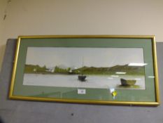 A VINTAGE FRAMED AND GLAZED WATERCOLOUR DEPICTING A MOUNTAINOUS LAKE SCENE WITH BOATS SIGNED A. VEAL