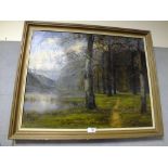 A FRAMED OIL ON CANVAS DEPICTING A WOODLAND PATH INDISTINCTLY SIGNED LOWER RIGHT OVERALL SIZE