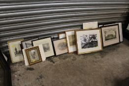 A QUANTITY OF ASSORTED ETCHINGS AND ENGRAVINGS ETC.