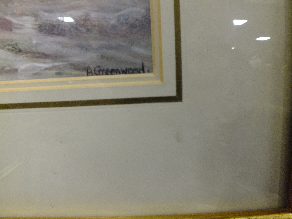 A. GREENWOOD - A FRAMED AND GLAZED IMPRESSIONIST WATERCOLOUR DEPICTING A SEASCAPE WITH ROWING BOAT - Image 3 of 3