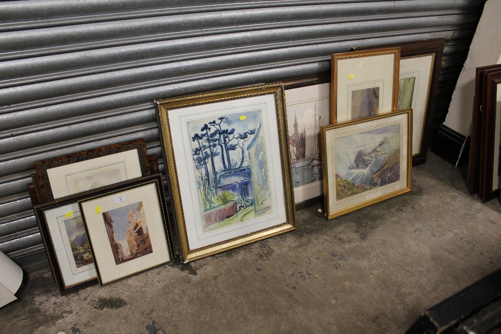 A QUANTITY OF ASSORTED 20TH CENTURY WATERCOLOURS TO INCLUDE MOUNTAINOUS SCENES' LANDSCAPES ETC.