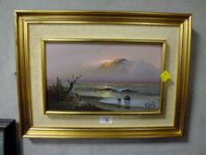 A GILT FRAMED OIL ON BOARD DEPICTING A MOUNTAINOUS SCENE SIGNED H. SOPEND;