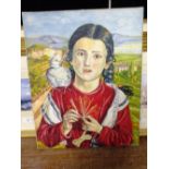 AN UNFRAMED OIL ON CANVAS DEPICTING A YOUNG MAIDEN WITH A DOVE ON HER SHOULDER SIGNED TEBROC 1965