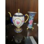 A VINTAGE SPODE FLORAL FOOTED VASE' TOGETHER WITH A FRANKLIN MINT HOUSE OF FABERGE TEAPOT (2)