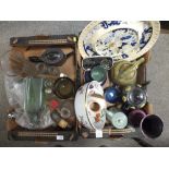 A TRAY OF CERAMICS TO INCLUDE TEAPOTS' ROYAL WORCESTER EVESHAM BOWL ETC. TOGETHER WITH A TRAY OF