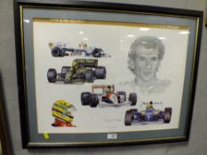 A FRAMED AND GLAZED RACING INTEREST PRINT ENTITLED ,TRIBUTE TO AYRTON SENNA, BY STUART MCINTYRE