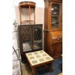 AN OAK GLAZED BOOKCASE TOGETHER WITH A RETRO TILE-TOP TABLE AND A HALF - MOON TABLE (3)