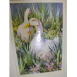 TREVOR WAUGH - A FRAMED AND GLAZED WATERCOLOUR ENTITLED , EASTER DUCKS, SIGNED LOWER LEFT AND
