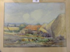 K.N.SWANN - A FRAMED AND GLAZED WATERCOLOUR DEPICTING CHICKENS IN A BARNYARD OVERALL SIZE
