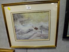A. GREENWOOD - A FRAMED AND GLAZED IMPRESSIONIST WATERCOLOUR DEPICTING A SEASCAPE WITH ROWING BOAT