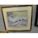 A. GREENWOOD - A FRAMED AND GLAZED IMPRESSIONIST WATERCOLOUR DEPICTING A SEASCAPE WITH ROWING BOAT