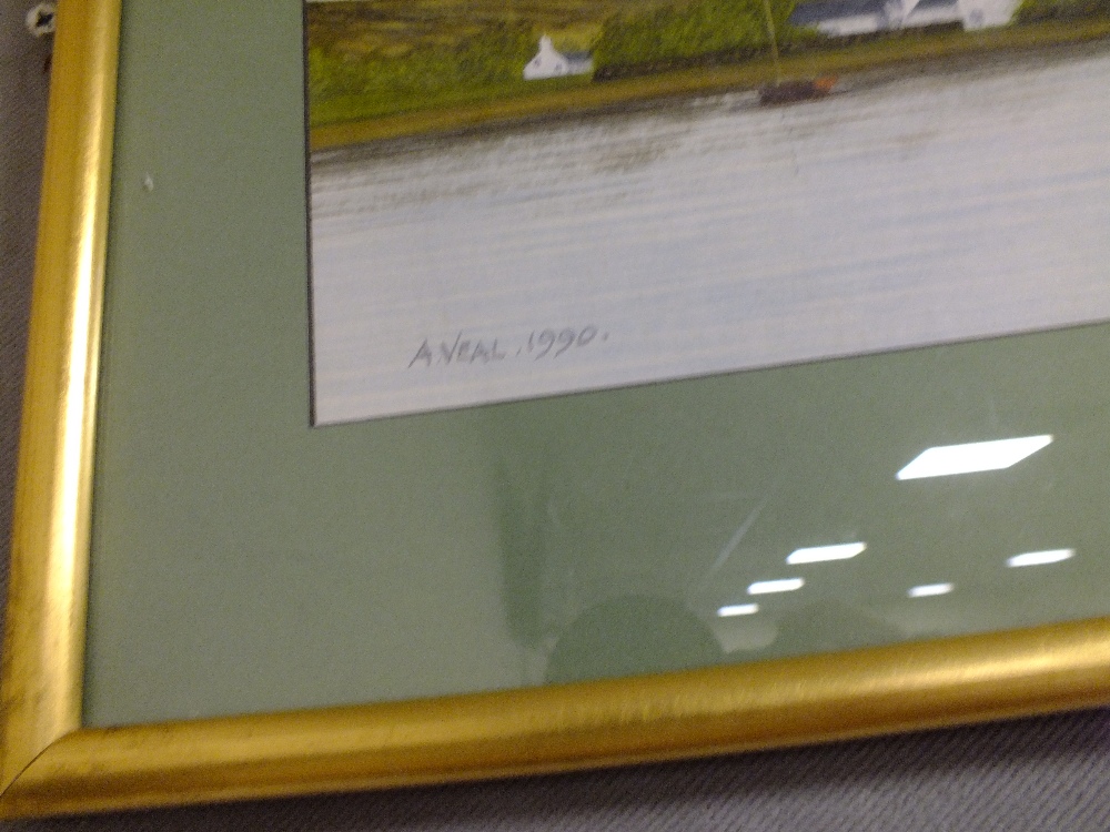 A VINTAGE FRAMED AND GLAZED WATERCOLOUR DEPICTING A MOUNTAINOUS LAKE SCENE WITH BOATS SIGNED A. VEAL - Image 2 of 2