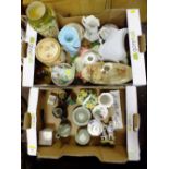 TWO TRAYS OF ASSORTED CERAMICS TO INCLUDE WEDGWOOD JASPERWARE' ROYAL DOULTON CHARACTER JUGS ETC.