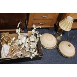 A TRAY OF LIGHT FITTINGS ETC. TO INCLUDE A PAIR OF VINTAGE CEILING LIGHTS' MODERN LAMP ETC