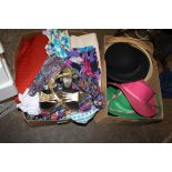 A BOX OF VINTAGE FABRIC TOGETHER WITH A TRAY OF HATS AND BAGS TO INC A VINTAGE BOWLER HAT (2)