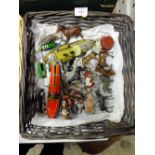 A BOX OF BRITAINS TOY ANIMAL FIGURES TOGETHER WITH A SELECTION OF TINPLATE TOYS