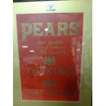 A FRAMED AND GLAZED EMBOSSED LEATHER PEARS SOAP ADVERTISING PANEL