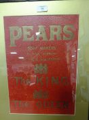 A FRAMED AND GLAZED EMBOSSED LEATHER PEARS SOAP ADVERTISING PANEL