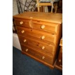 A MODERN PINE FIVE DRAWER CHEST H- 102 W- 91 CM