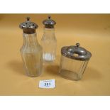 LARGE SILVER MOUNTED SALT' PEPPER & MUSTARD JARS - LONDON 1835