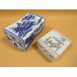 TWO ORIENTAL CERAMIC OPIUM PILLOWS TO INCLUDE A BLUE AND WHITE EXAMPLE