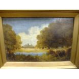 AN ANTIQUE GILT FRAMED OIL ON CANVAS DEPICTING A WOODED RIVER LANDSCAPE SIGNED J. WALKER LOWER