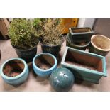 A SELECTION OF GLAZED PLANT POTS ETC