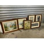 A PAIR OF OAK FRAMED OIL ON CANVASES' TOGETHER WITH THREE ORIENTAL PRINTS AND A PRINT OF DOGS (6)