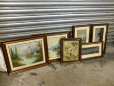 A PAIR OF OAK FRAMED OIL ON CANVASES' TOGETHER WITH THREE ORIENTAL PRINTS AND A PRINT OF DOGS (6)