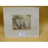 AN UNFRAMED MOUNTED WATERCOLOUR DEPICTING TRAVELLERS RESTING