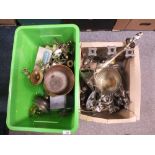 TWO BOXES OF ASSORTED METALWARE TO INCLUDE SILVER PLATED CANDLESTICKS' COPPER VASE ETC.