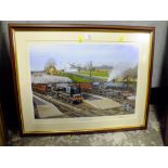 B.J FREEMAN - A FRAMED AND GLAZED LOCOMOTIVE INTEREST PRINT ENTITLED ,L.M.S THE LAST DAYS,