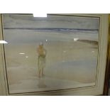 W. RUSSELL FLINT - A LARGE FRAMED AND GLAZED LIMITED EDITION PRINT OF SEMI NUDE LADY ON A BEACH