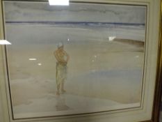 W. RUSSELL FLINT - A LARGE FRAMED AND GLAZED LIMITED EDITION PRINT OF SEMI NUDE LADY ON A BEACH