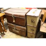 A VINTAGE BANDED PACKING TRUNK - A/F TOGETHER WITH TWO TIN TRUNKS (3)