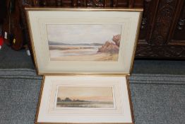 A FRAMED AND GLAZED LANDSCAPE WITH VINTAGE LABEL TO REVERSE , HERBERT GEORGE EXH 1906-1939 BUSHY &