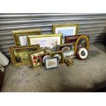 A QUANTITY OF ASSORTED PRINTS AND NEEDLEWORKS' CERAMIC PLAQUES ETC.