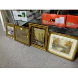FOUR VINTAGE PICTURES TO INCLUDE AN OIL PAINTING OF A STREET SCENE AND A WATERCOLOUR OF A RURAL