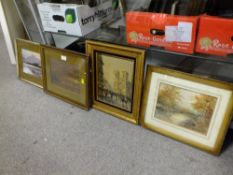 FOUR VINTAGE PICTURES TO INCLUDE AN OIL PAINTING OF A STREET SCENE AND A WATERCOLOUR OF A RURAL