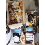 A LARGE QUANTITY OF HOUSEHOLD SUNDRIES TO INCLUDE A BOX OF VINTAGE SOFT TOYS' MODERN WALL CLOCKS
