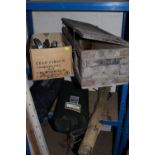 A VINTAGE BOX ETC PLUS CAMPING EQUIPMENT AND SMALL LATHE