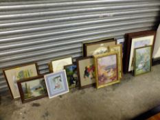 A LARGE QUANTITY OF ASSORTED PICTURES AND PRINTS TO INCLUDE NEEDLE WORKS' WATERCOLOUR ETC.