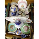 TWO TRAYS OF ASSORTED CERAMICS TO INCLUDE AN ANTIQUE HAND PAINTED FLORAL MEAT PLATE' TEAPOT ETC.