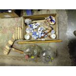 A BOX OF BLUE AND WHITE DELFTWARE CERAMICS' TOGETHER WITH TWO DEMI JOHNS AND TWO TREEN ITEMS