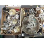 TWO TRAYS OF ASSORTED METALWARE TO INCLUDE A PUNCH BOWL' CANDELABRA A/F' TEAPOTS ETC.