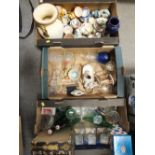 THREE TRAYS OF ASSORTED CERAMICS AND GLASSWARE TO INCLUDE DECANTERS' VASES' ORNAMENTS ETC.