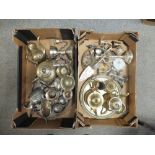 TWO BOXES OF BRASS AND SILVER PLATED METALWARE