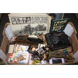 A BOX OF COLLECTABLES TO INC LIGHTERS' POLAROID CAMERA ETC